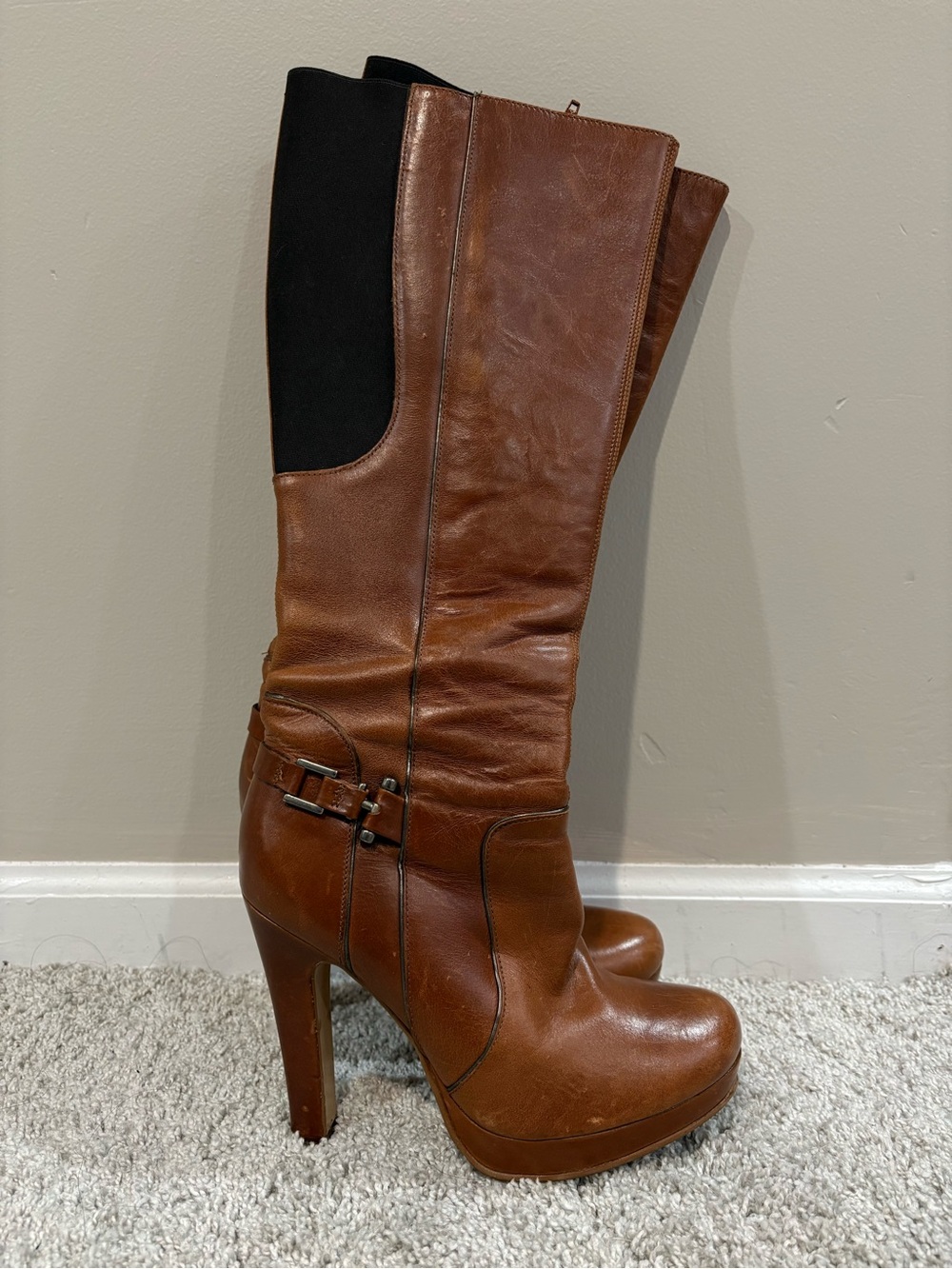 ANDREA Brown Leather Knee-High Heeled Platform Boots Women’s Size 7